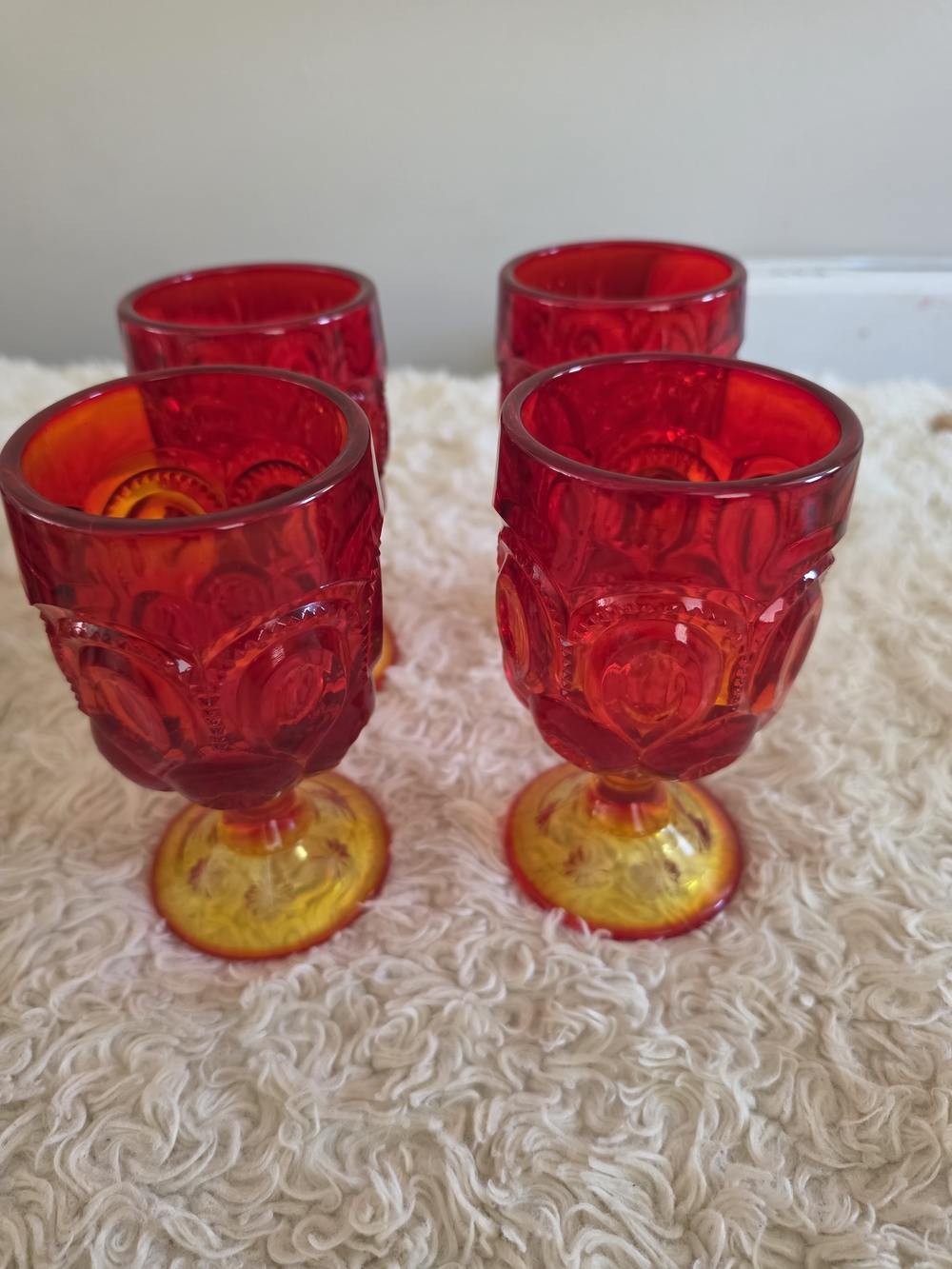 Vintage Set of 4 Red Amber Carnival Glass Goblets